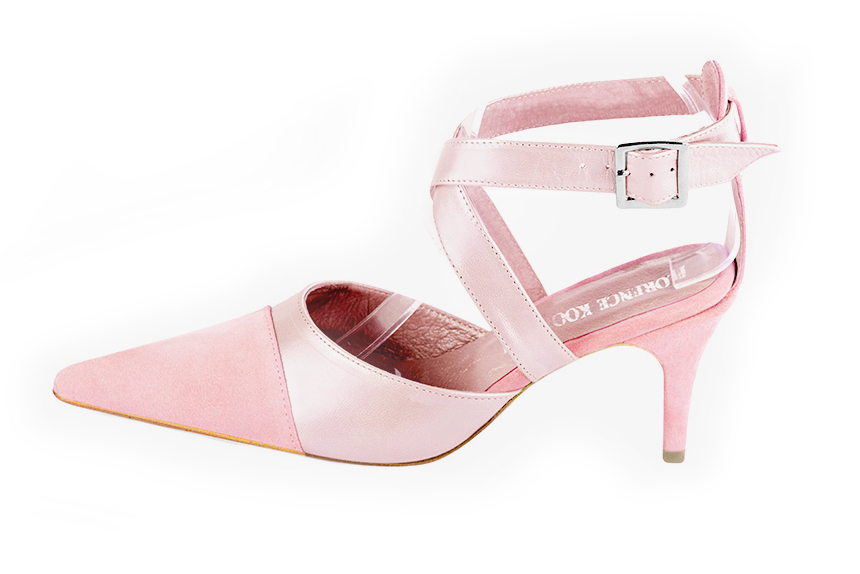 French elegance and refinement for these light pink dress open back shoes, with crossed straps, 
                available in many subtle leather and colour combinations. The cross-over straps and comfortable fit,
will make this model a strong element of your outfit.  
                Matching clutches for parties, ceremonies and weddings.   
                You can customize these shoes to perfectly match your tastes or needs, and have a unique model.  
                Choice of leathers, colours, knots and heels. 
                Wide range of materials and shades carefully chosen.  
                Rich collection of flat, low, mid and high heels.  
                Small and large shoe sizes - Florence KOOIJMAN